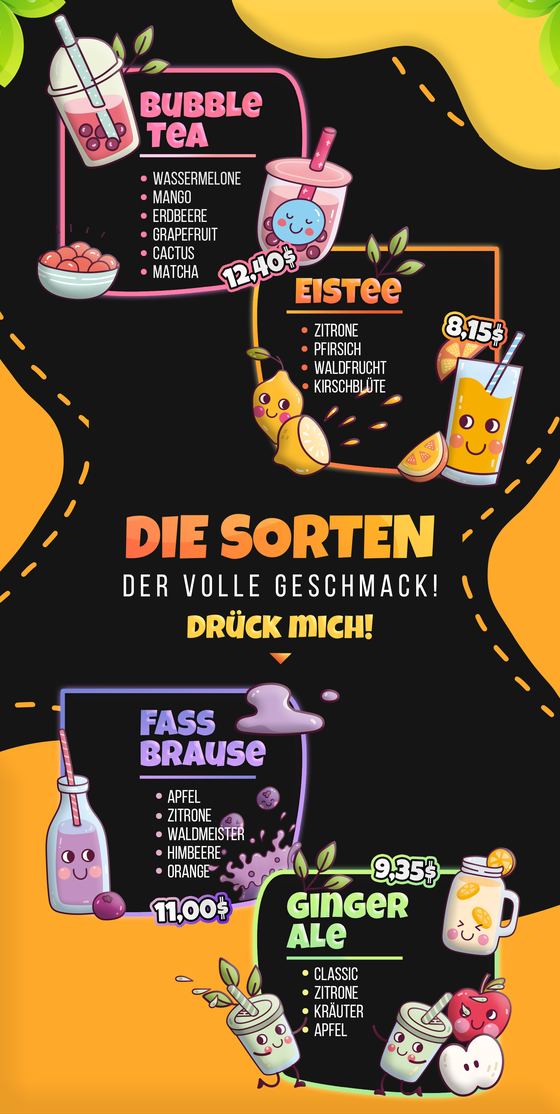 Hochformatige Übersicht der E-Cola-Sorten
