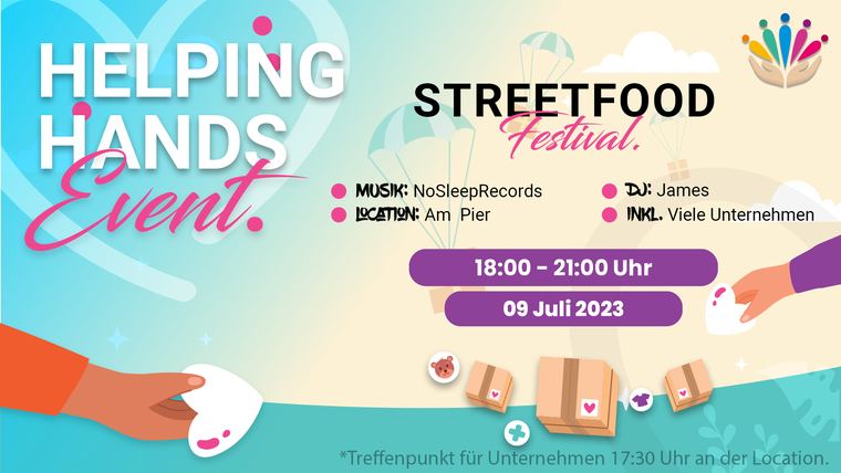 Bunter Flyer für das Helping-Hands-Streetfood-Festival mit Herz-Motiv und Spendenpaketen