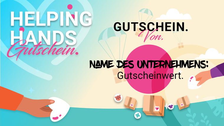 Gutschein-Vorlage im Helping-Hands-Design mit Platzhaltern für Unternehmen und Wert