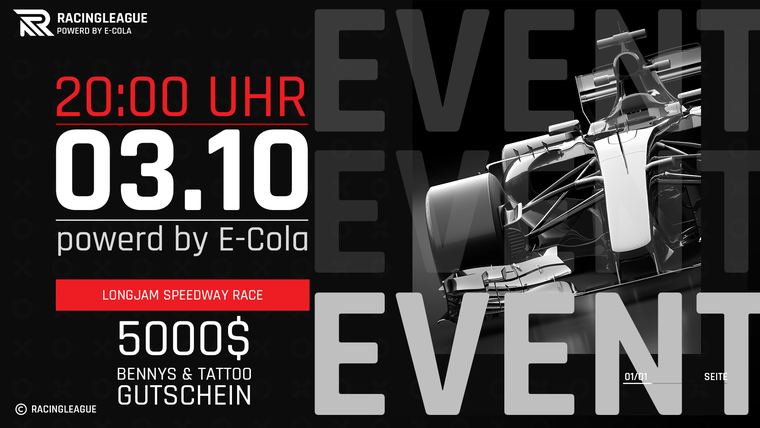Schwarz-rotes Event-Plakat der RacingLeague mit Formelwagen und großer Datumsangabe