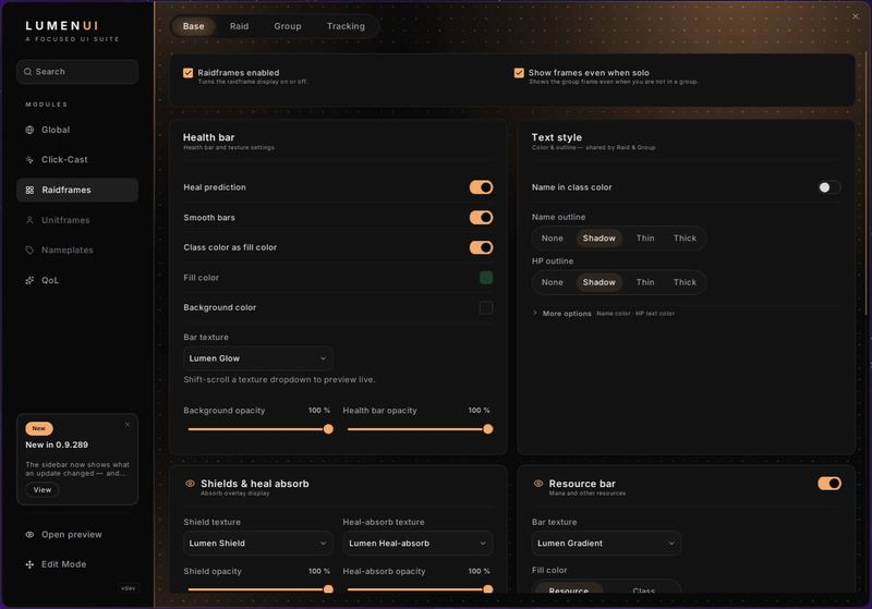 Lumen Einstellungsfenster: Raidframe-Optionen mit Health-Bar-, Textur- und Text-Einstellungen